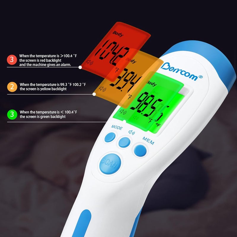 Berrcom Non-Contact Infrared Forehead Thermometer for Adults and Kids, 3-in-1 Digital Fever Thermometers with LCD Display and Fever Alert, Contactless Temperature Reader - Image 2